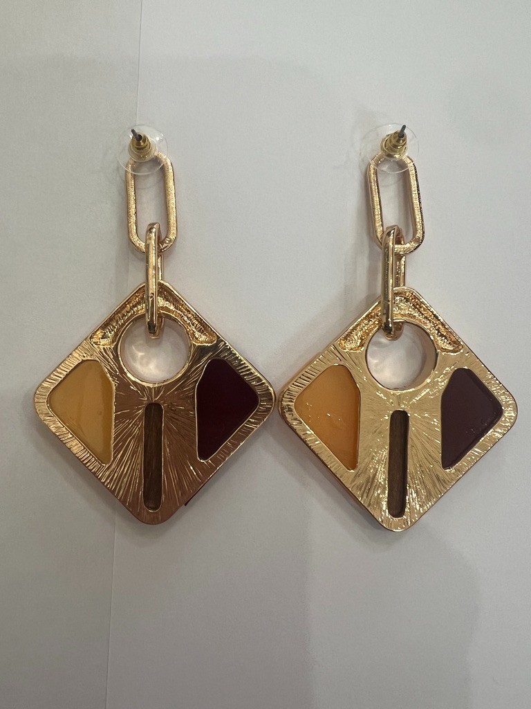 Geometric Earrings Gold Amber Wine Blush Wood 3” Mod Uncas Int Vendor Sample