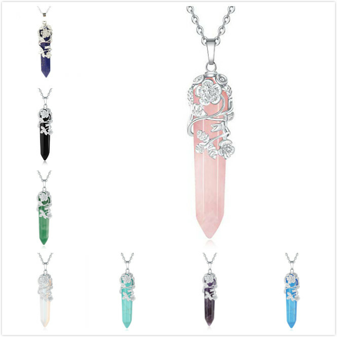 Silver Flower Wrapped Natural Quartz Gemstone Healing Crystal Necklace