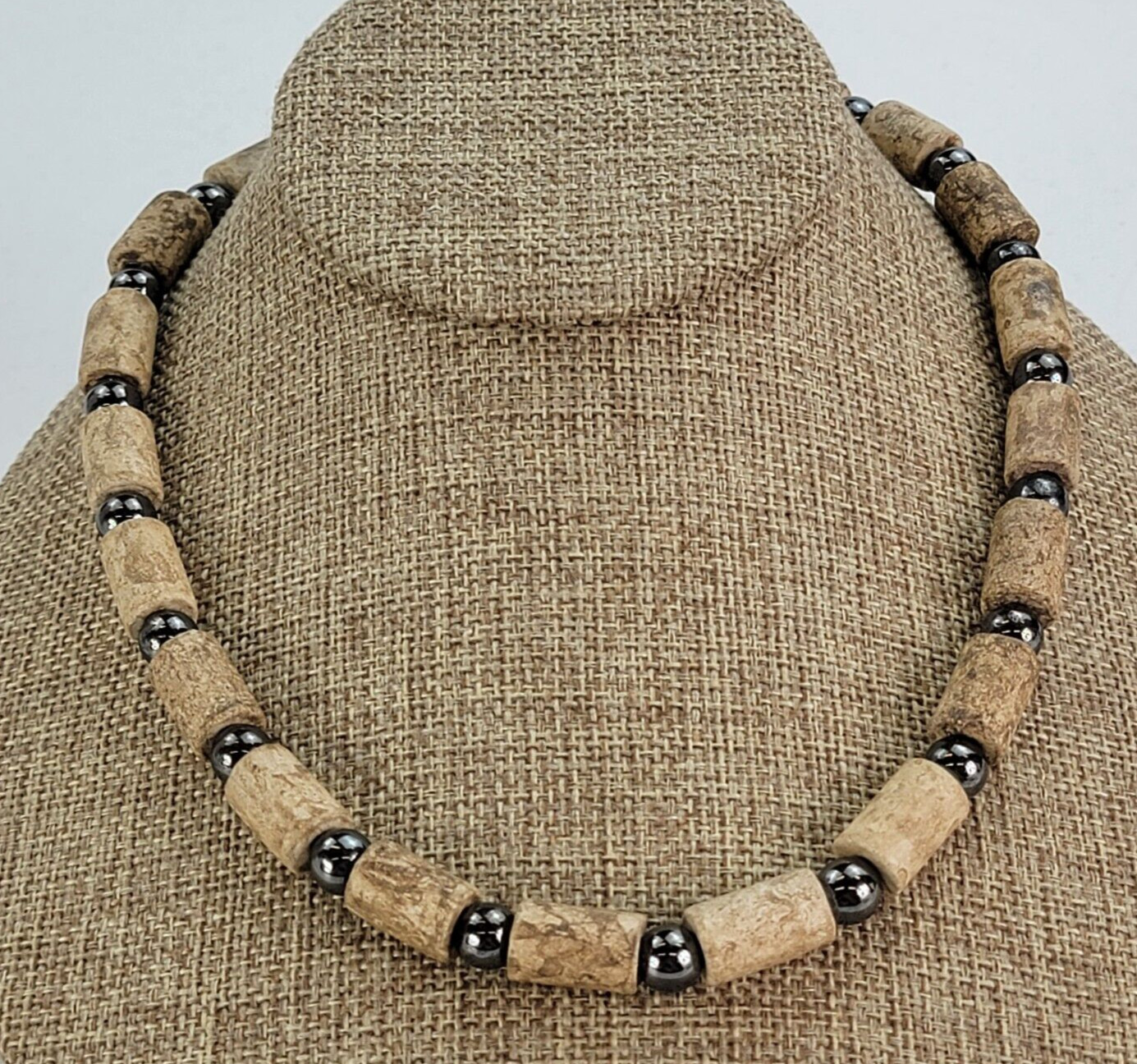 Vintage Stone & Hematite Beaded Necklace 17.5 in Brown Gray Hook Clasp