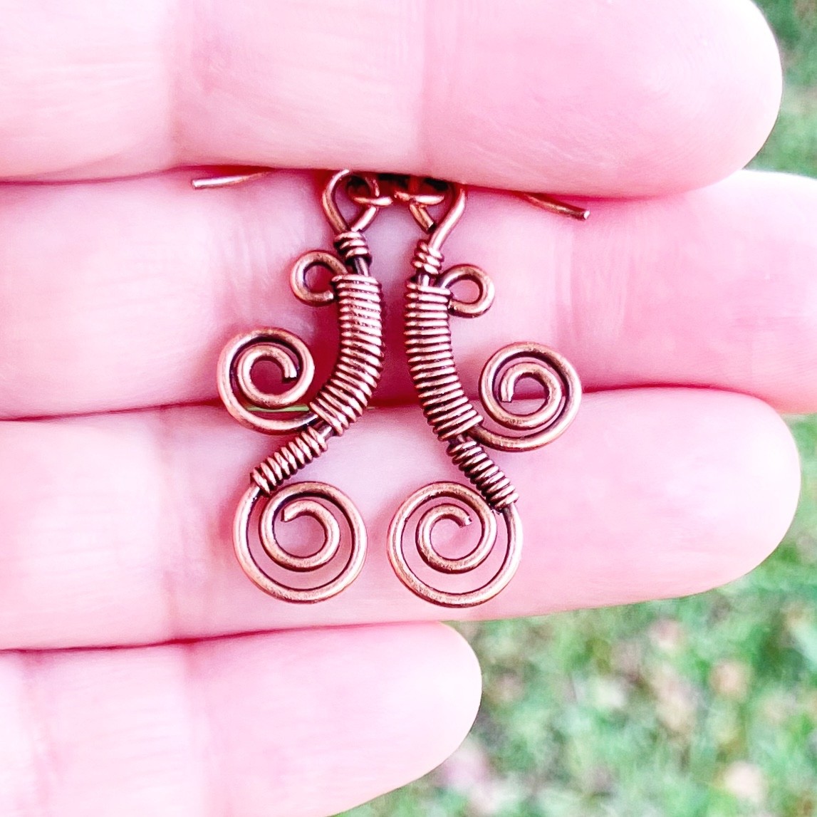 Copper Wire Wrapped Earrings Swirl Funky Spiral Bohemian Jewelry Handcrafted