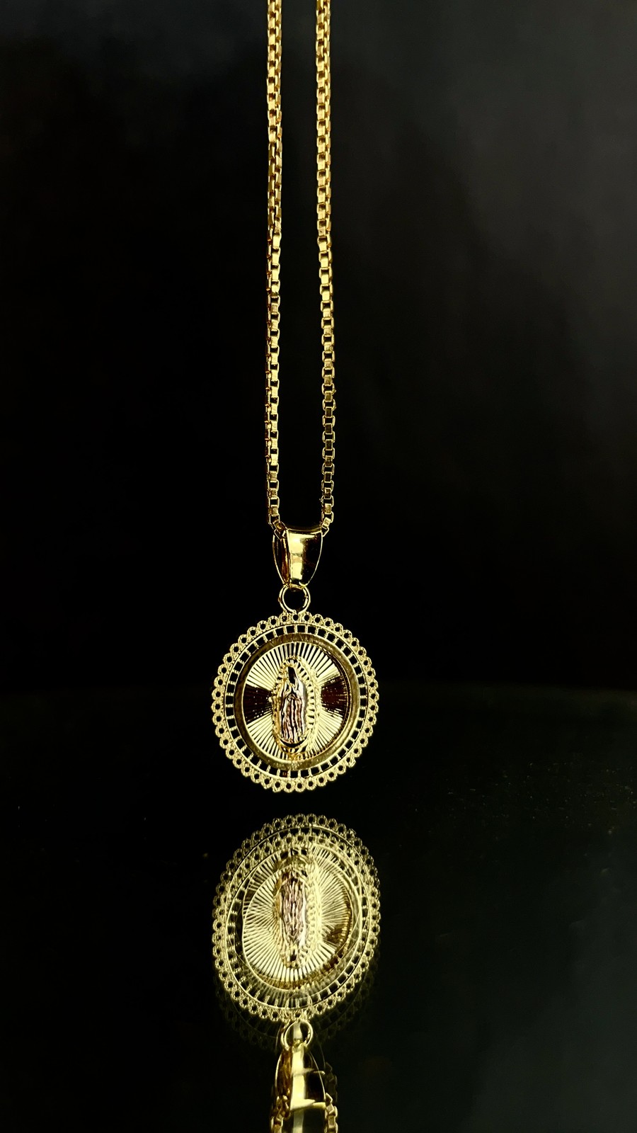 Box Link Chain 17″ With Virgen de Guadalupe Pendant Necklace 17x15mm for Womens