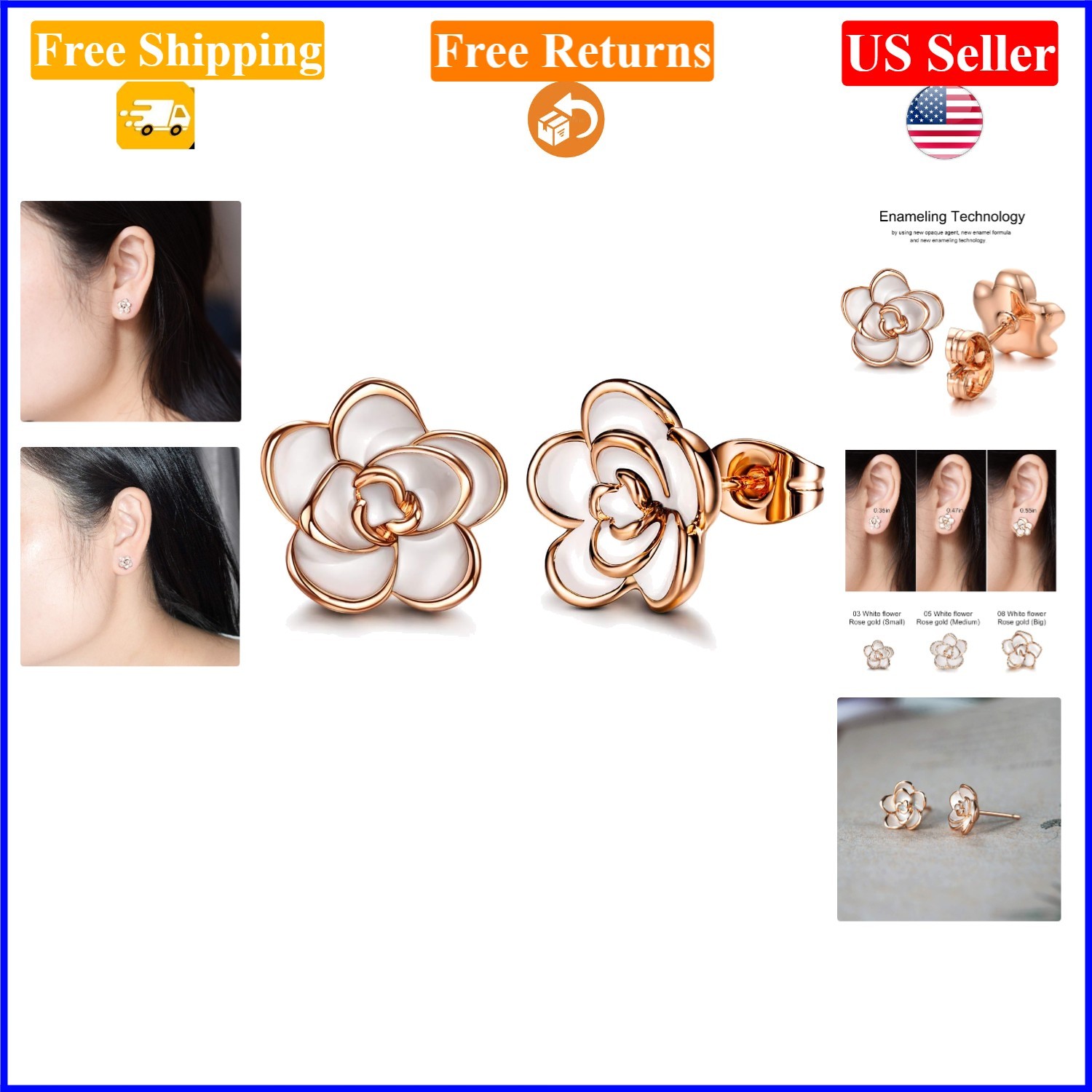 Women’s 0.35in Gold/Silver Rose Flower Stud Earrings Hypoallergenic