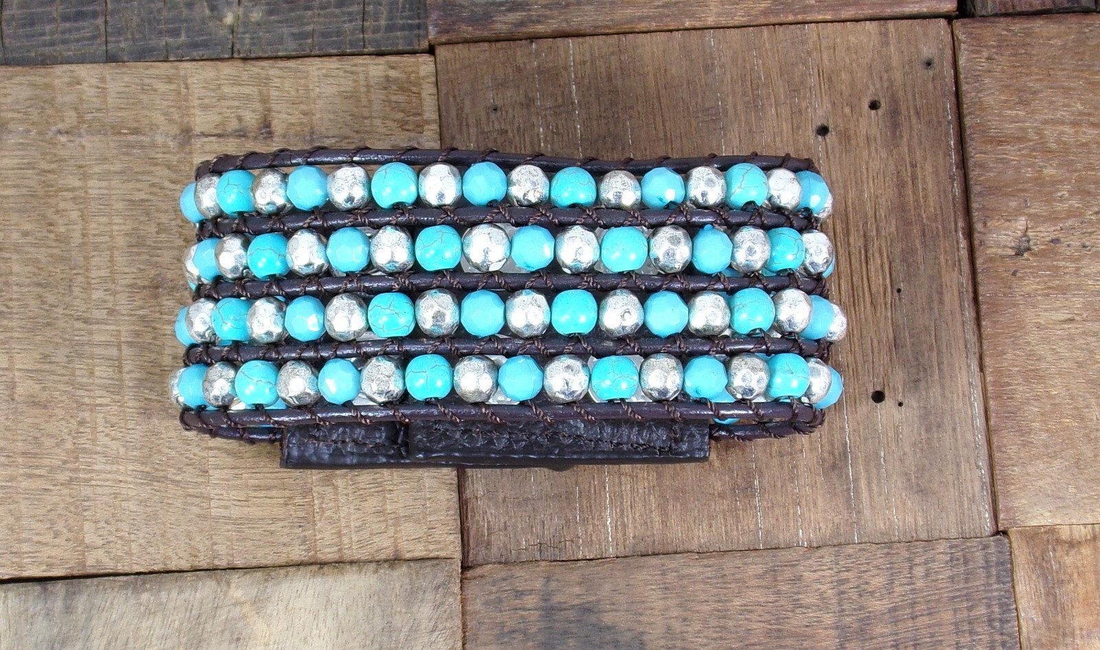 Wide turquoise and silver beaded leather bracelet , snap closure, brown leather