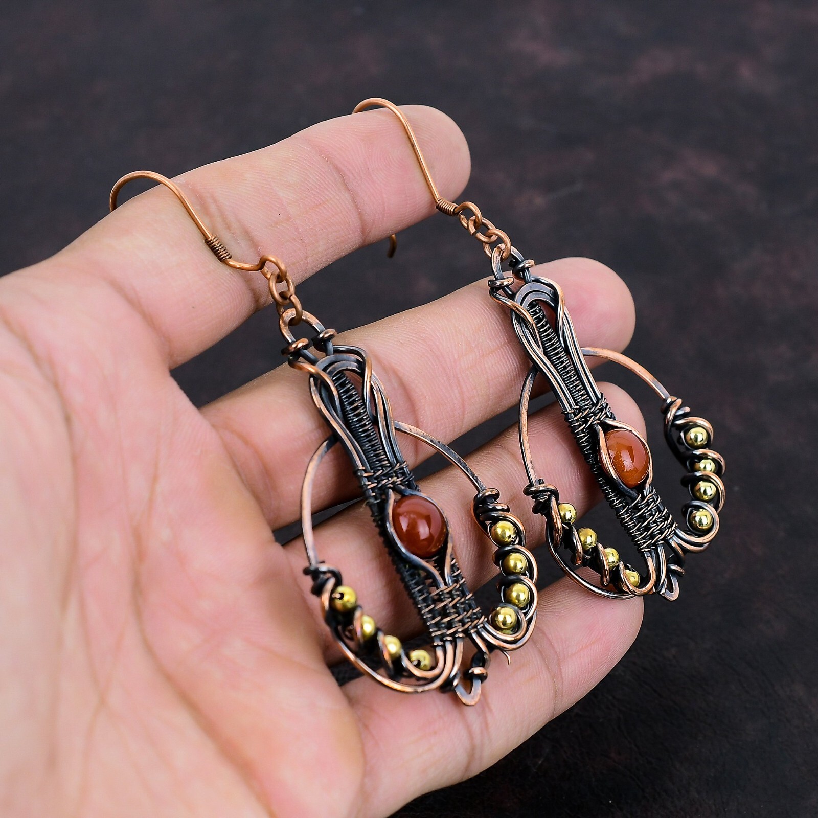 Women Day Gift Carnelian Wire Wrapped Drop/Dangle Earrings Copper 3.35″