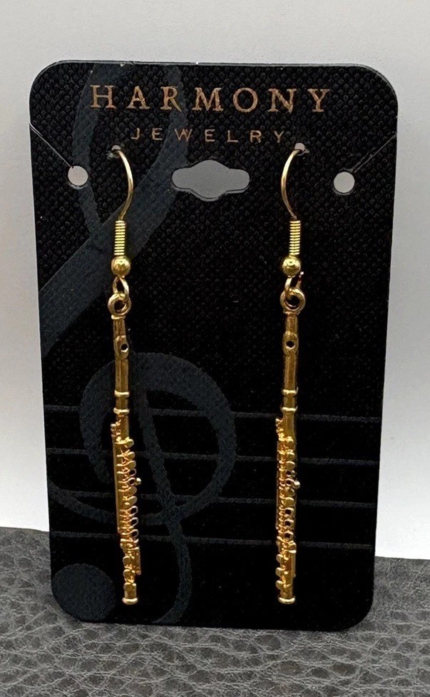 Harmony Gold Tone Flute Dangle Earrings Musical Instrument Music Band