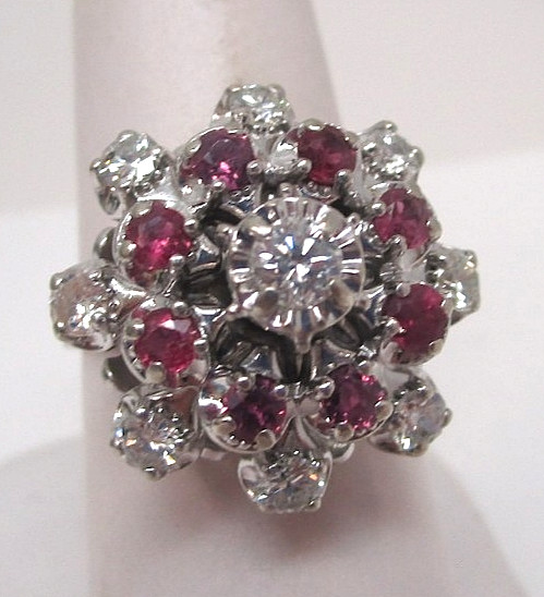 14k White Gold Diamond and Ruby Cluster Ring with Appraisal Size 7 0.96ct TW
