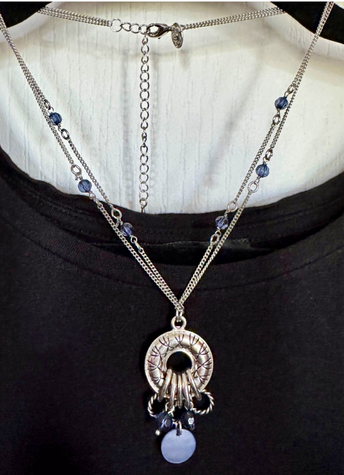 Lia Sophia Layered Silver Tone Cable Necklace Blue Crystal Round Charm Pendant