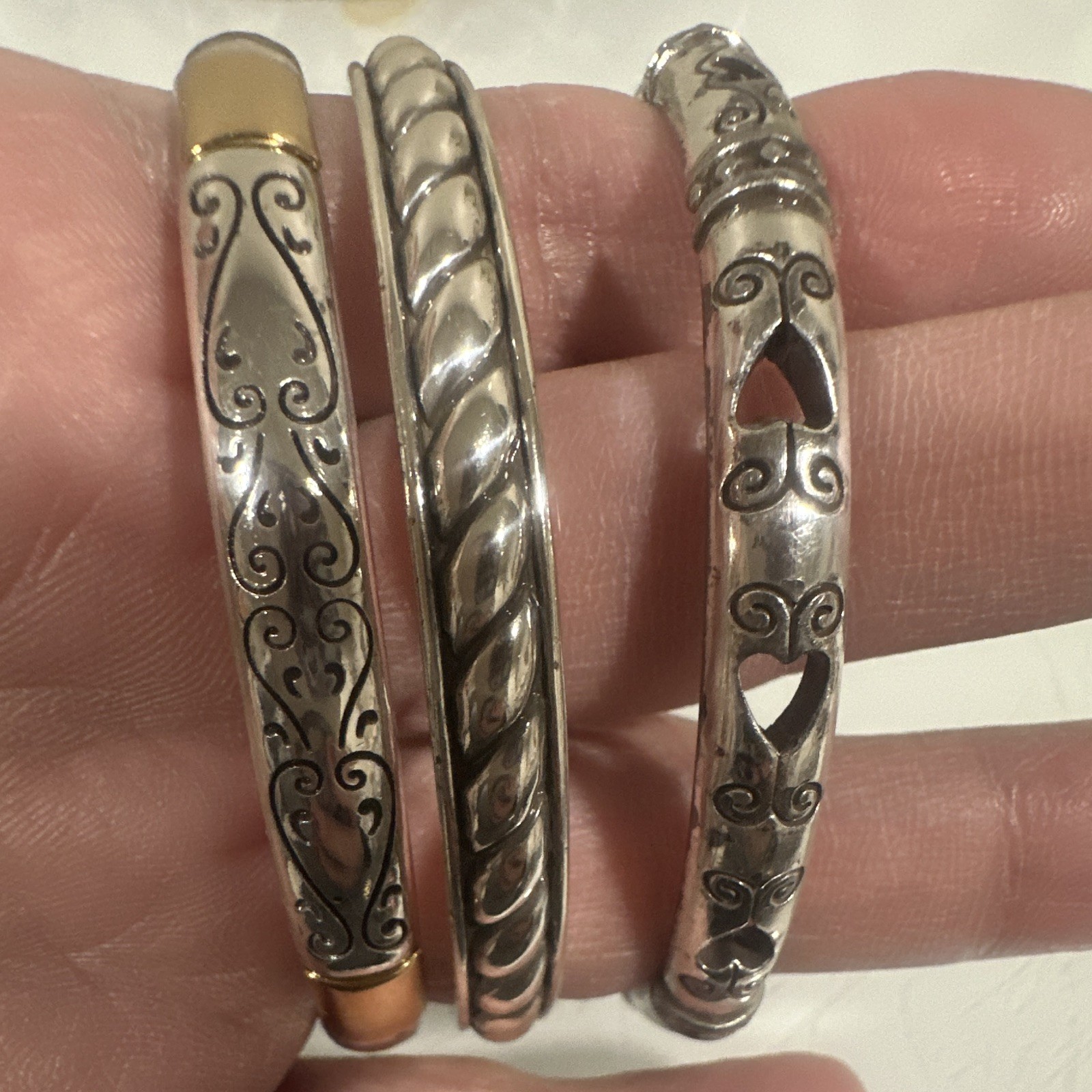 Brighton Silver Plated Stacking Bangle Bracelet Lot of 3 – Scroll, Heart, Rope