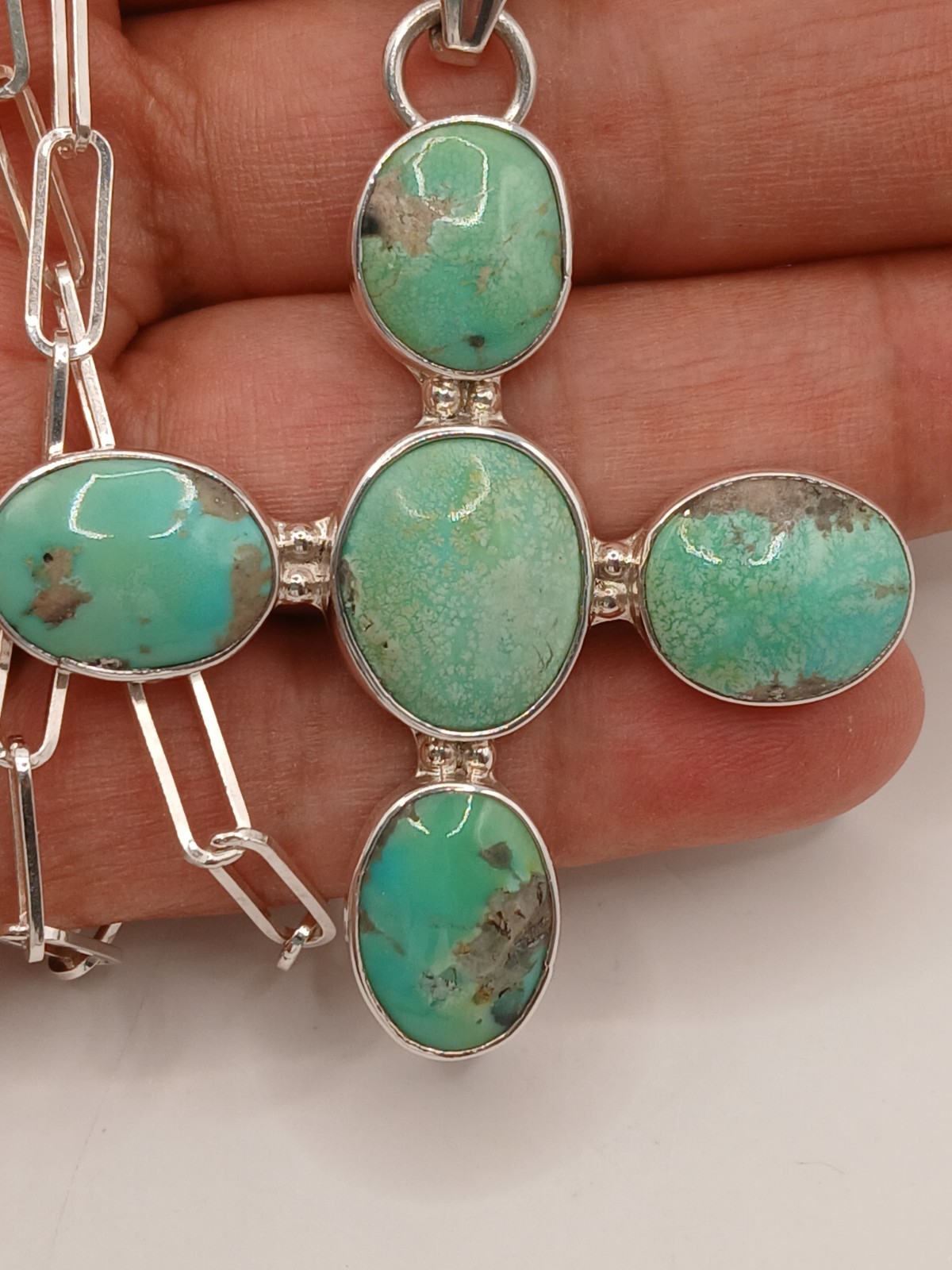 Sterling Silver 925 Paperclip Chain Natural Green Turquoise Cross Pendant 24in
