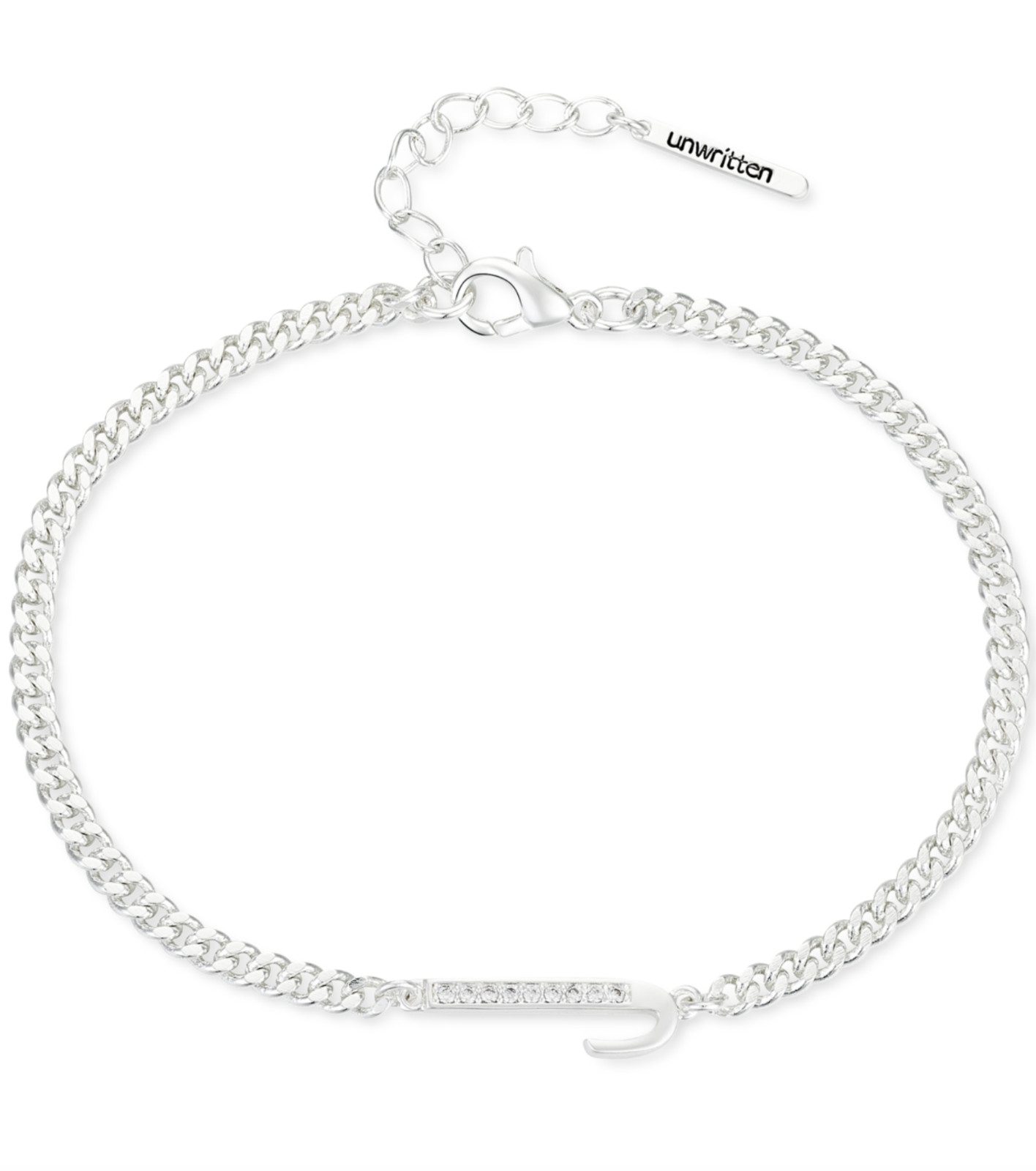 UNWRITTEN FINE SILVER PLATED INITIAL J CUBIC ZIRCONIA LINK CHAIN BRACELET 7″ NEW