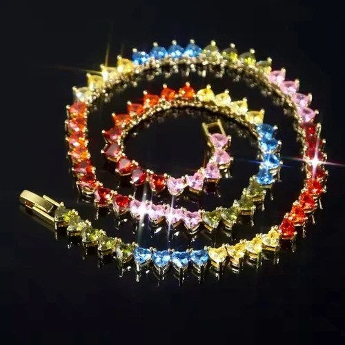 18k Gold Filled Created Multicolor Sapphire Heart Tennis Necklace Christmas Gift