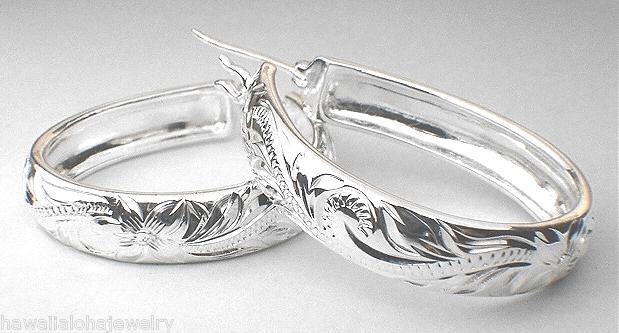 25mm Hawaiian Sterling Silver Engraved Princess Scrolls Teardrop Hoop Earrings