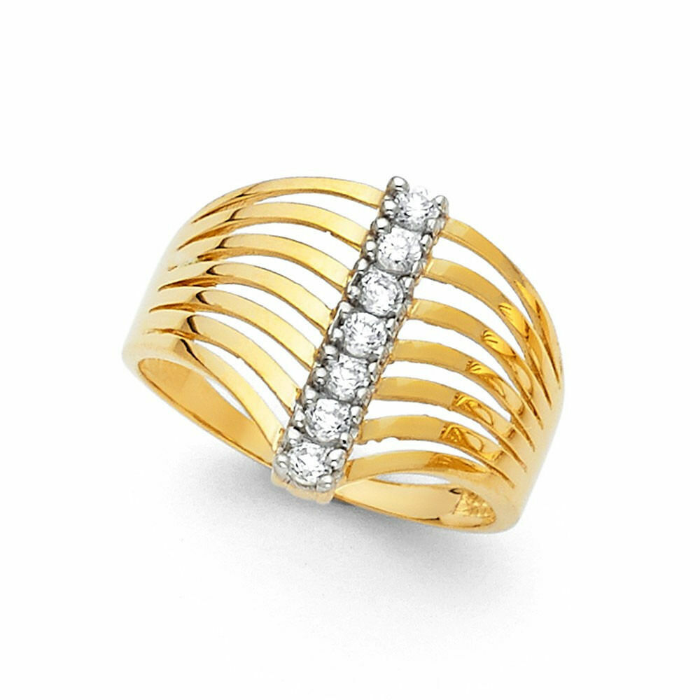 14k Real Solid Yellow Gold 15 mm CZ Seven Day Semanario Ring Anillo Oro Solido