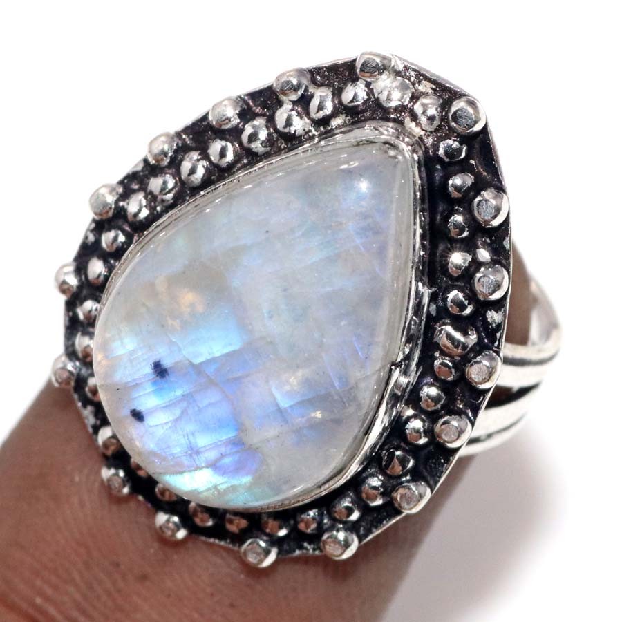 925 Silver Plated Rainbow Moonstone Ring US 6.5 Gift For Sister Trendy JW