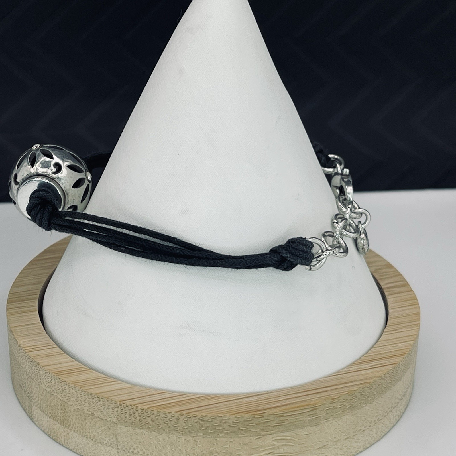 Brighton Trade Winds Bracelet Silver Openwork Floral Bead Black Cord