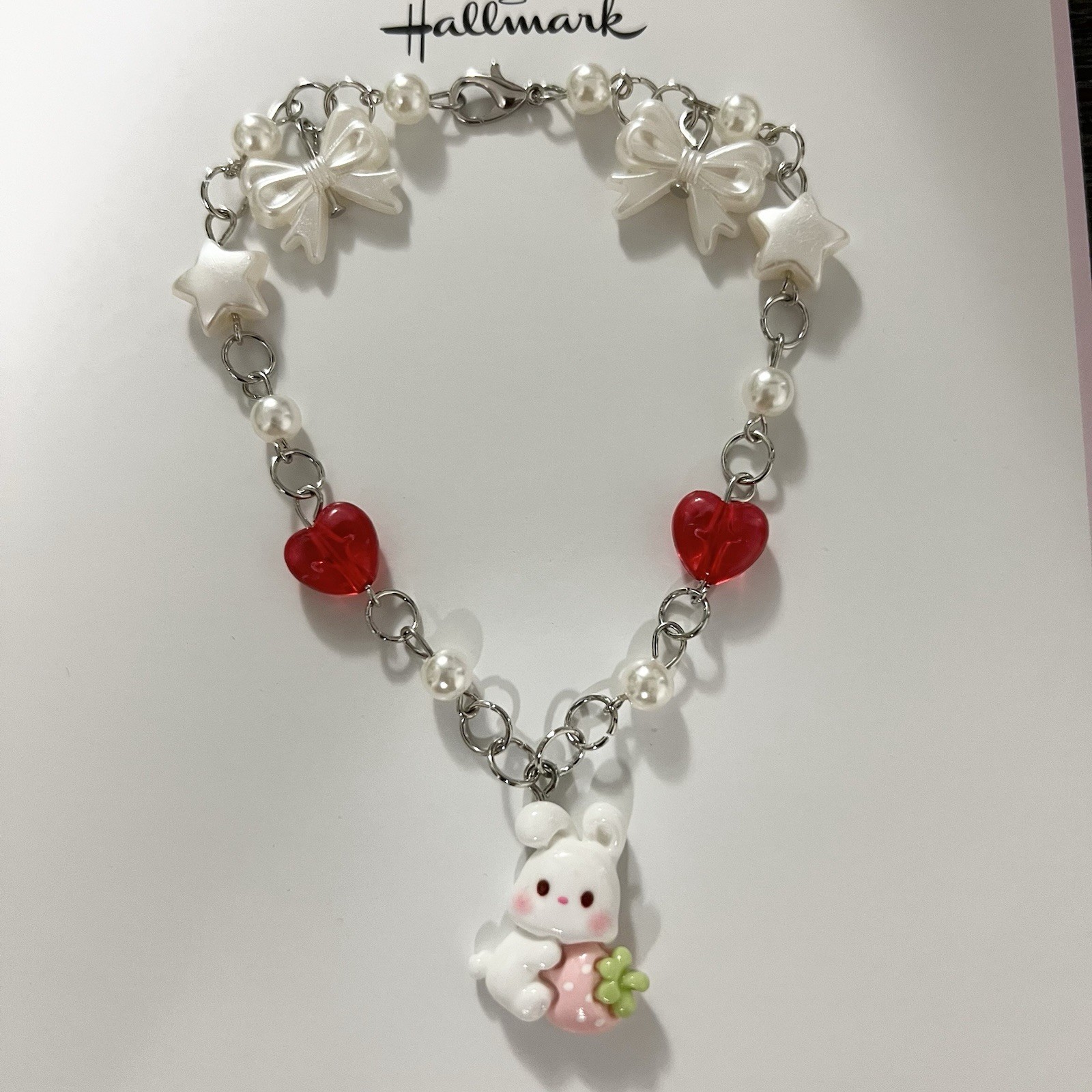 🎀 Coquette Bunny Charm Bracelet 9.5 inch Silver Colored Faux Pearl 🐰