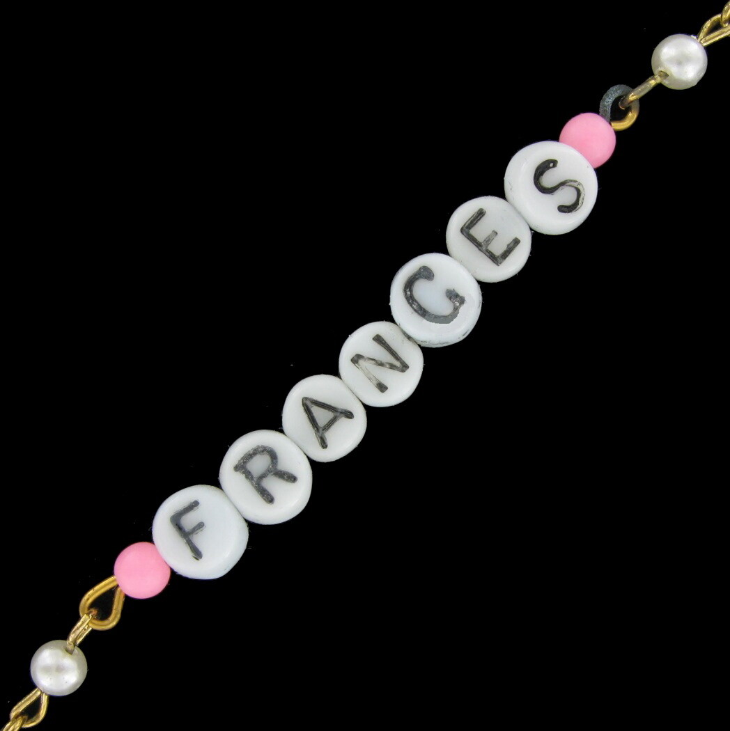 Frances – Pink Glass Faux Pearl Name Link Bracelet – Circa 1950-60