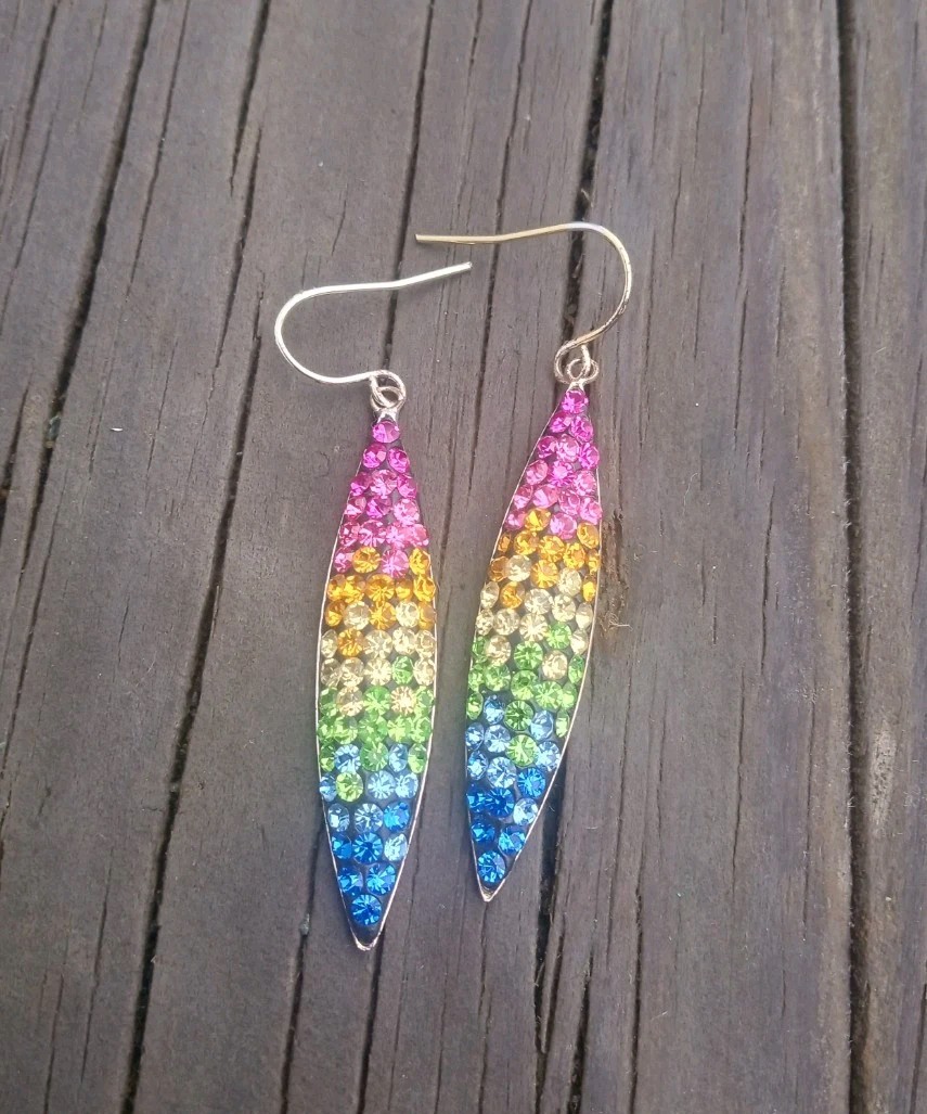 Rainbow Earrings JCM Brass Malaysia Silver Plated Dangle Genuine Crystal Rainbow