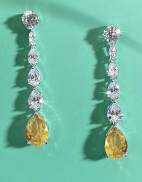 Long Yellow Oblong Rhinestone Earrings Clear Crystal Prom Pageant 2.5 ” Drop