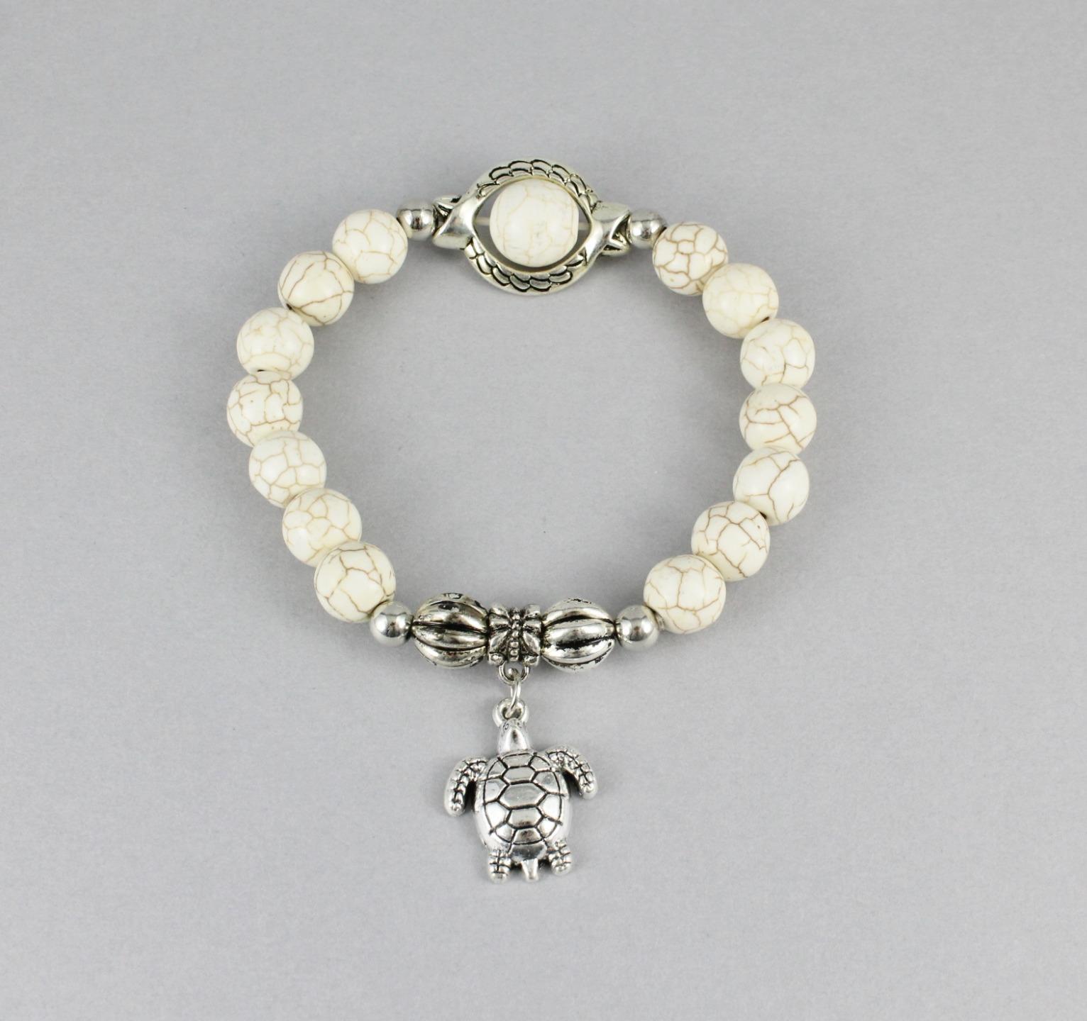 turtle charm bracelet stretch Cream Silver stretchy tortoise beaded bracelet