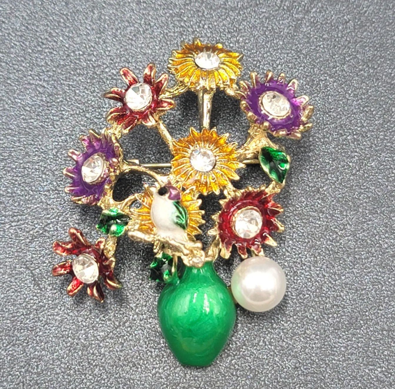 Crystal Rhinestone Flower Bouquet Brooch Pendant Green Enamel Multicolor 2.25″