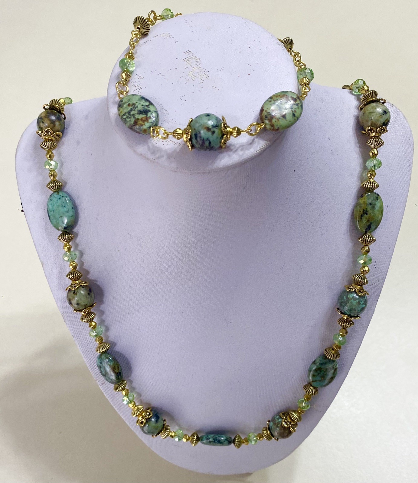 Antique Gold Plated Necklace & Bracelet African Turquoise Semiprecious Stone