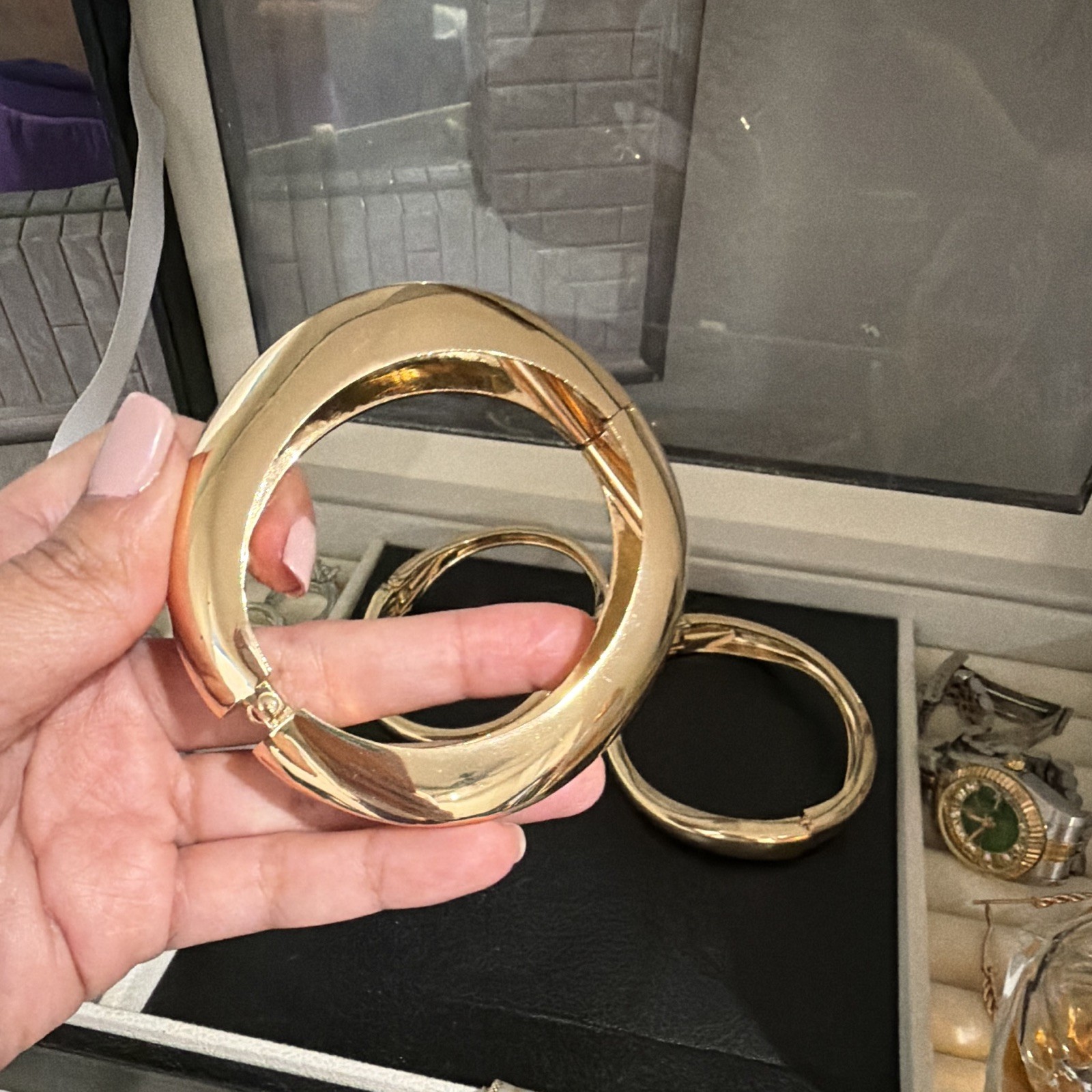 Gold Tone Stackable Hinged Bangle Bracelets Set of 3, Round Metal, No Stone