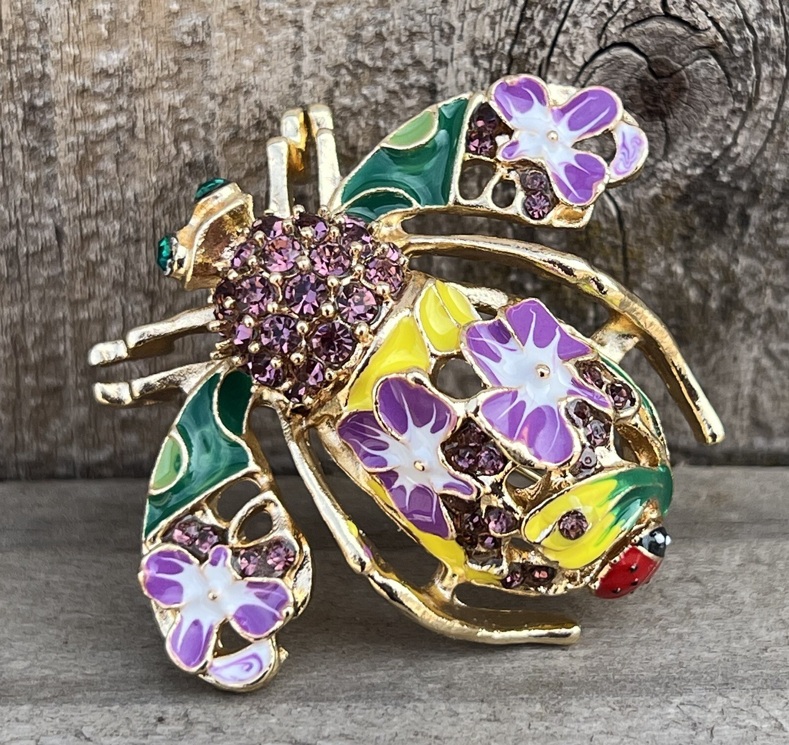 Crystal Rhinestone Flower Bee Brooch Pin Enamel Glass Insect Bug Purple Vintage