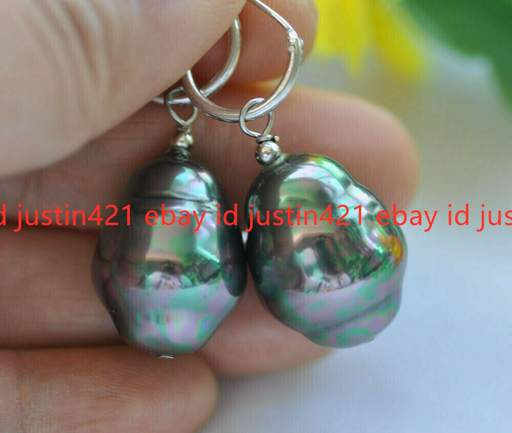 20mm Baroque Peacock-Black Shell Pearl Dangle Earring 925Silver