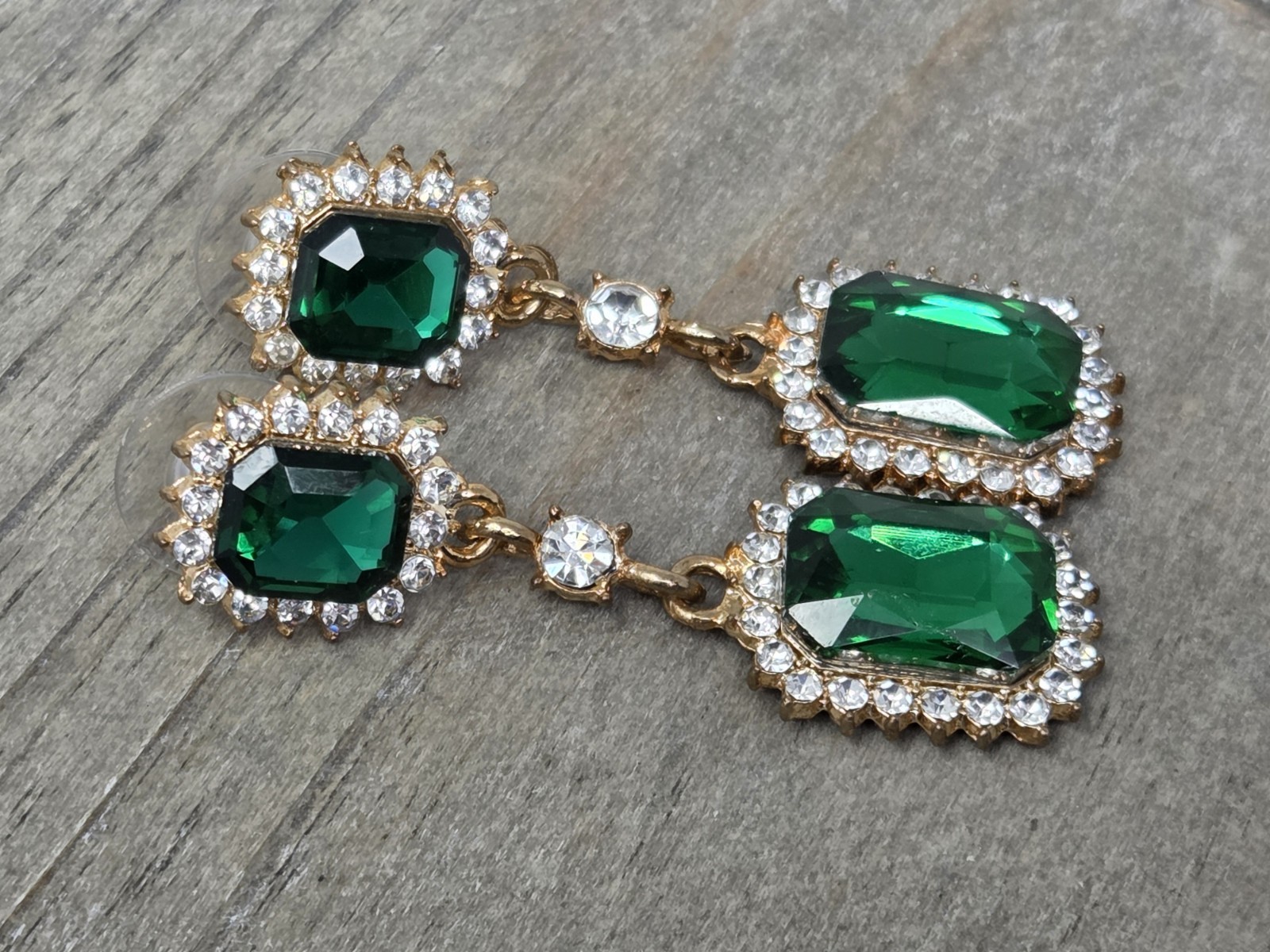 Green & Clear Rhinestone Dangle Drop Pierced Earrings 1.75 Inch Vintage Style