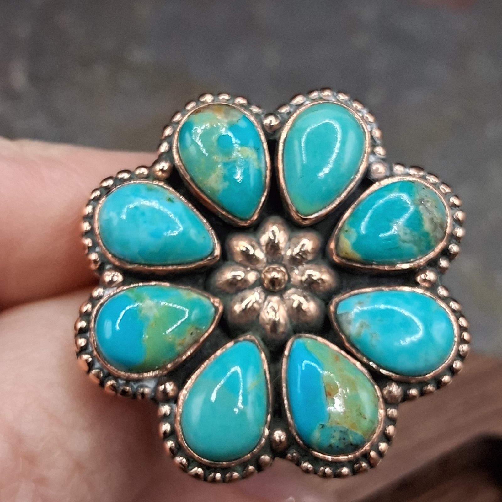 Kingman Turquoise Ring Flower Cluster Ring Solid Copper Southwestern Sz 5.5-10.5