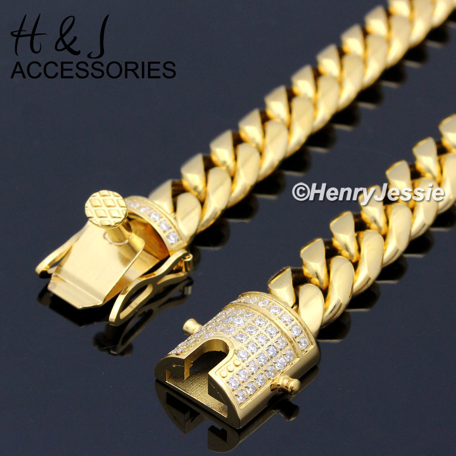 18-40″MEN Stainless Steel 10/12/14mm Gold Plated ICY CZ Miami Cuban Necklace*158