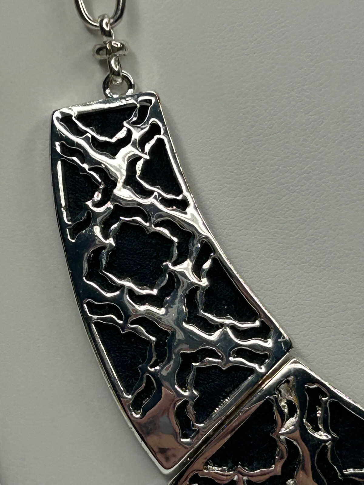 St Thomas Collar Bib Necklace 16in Blue Leather Backed Silver Tone Cut Out NWT