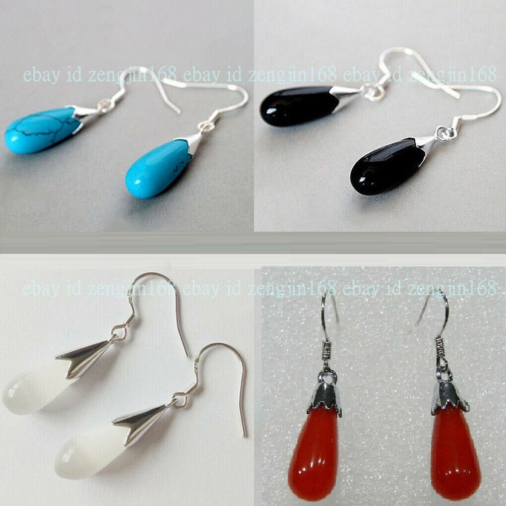 Pretty 8x20mm Agate/Jade/Opal/Turquoise Gemstone Water Drop Dangle Hook Earring