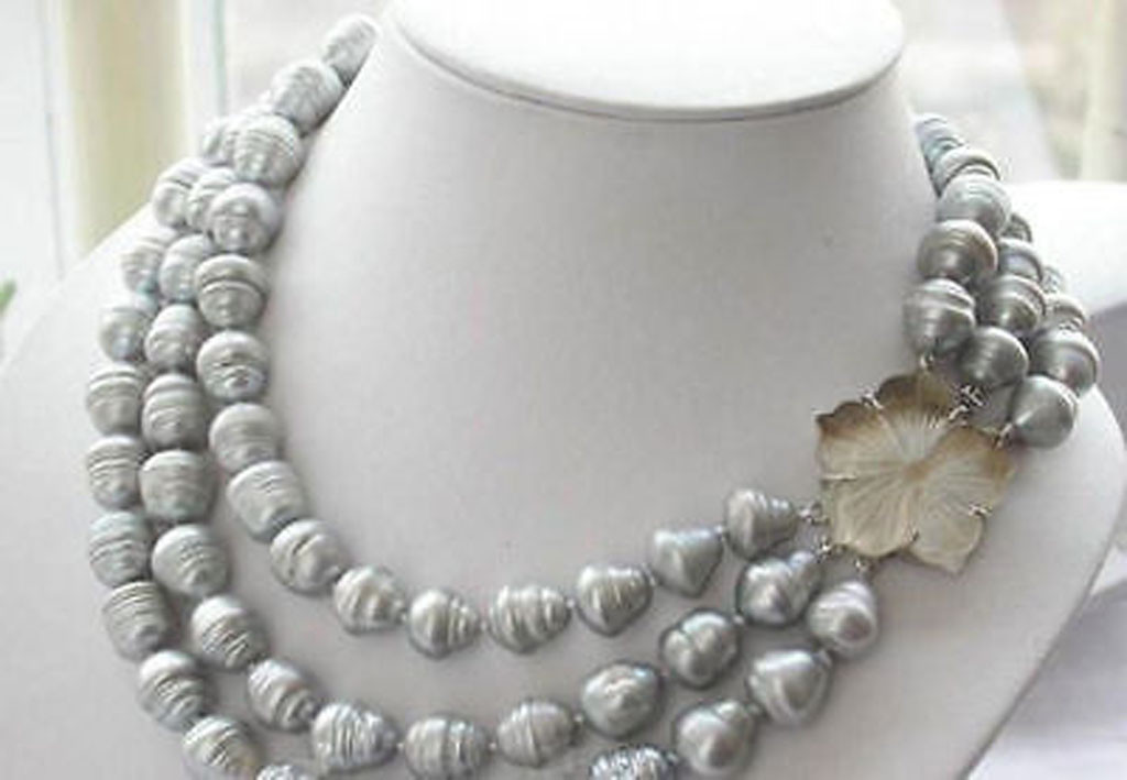 3 Rows Natural 11-13mm South Sea Gray Freshwater Baroque Pearl Necklace 17-19”