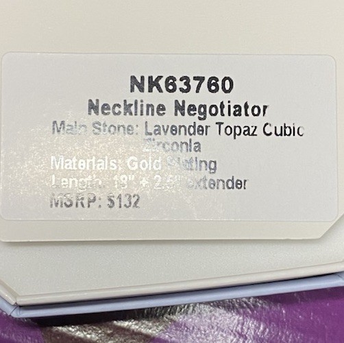 “Neckline Negotiator” NK63760 Lavender Topaz Gold Necklace Bomb Party