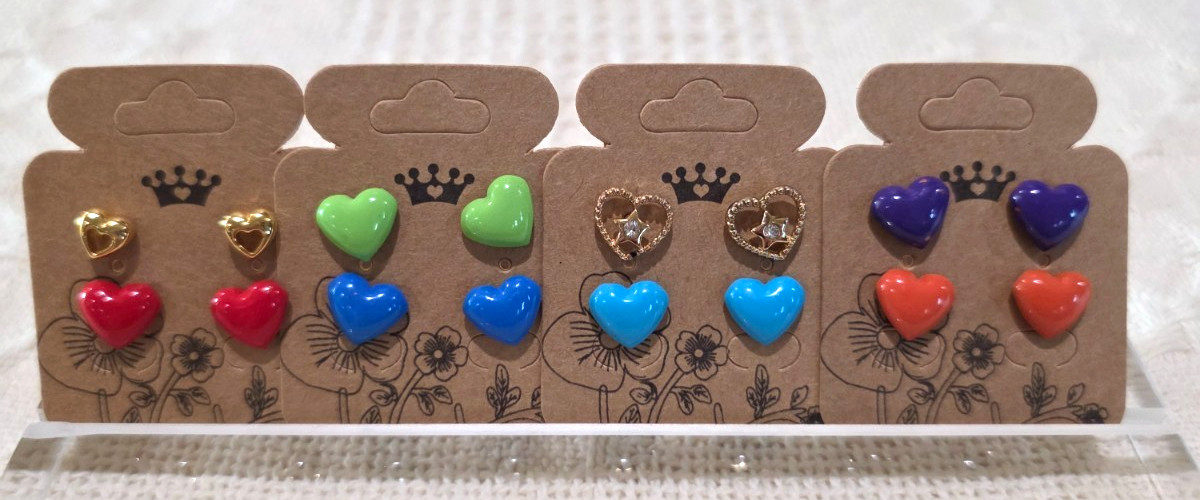 NOS Colorful Metal Heart Hearts Eight 8 Pair Stud Lot Pierced Earrings