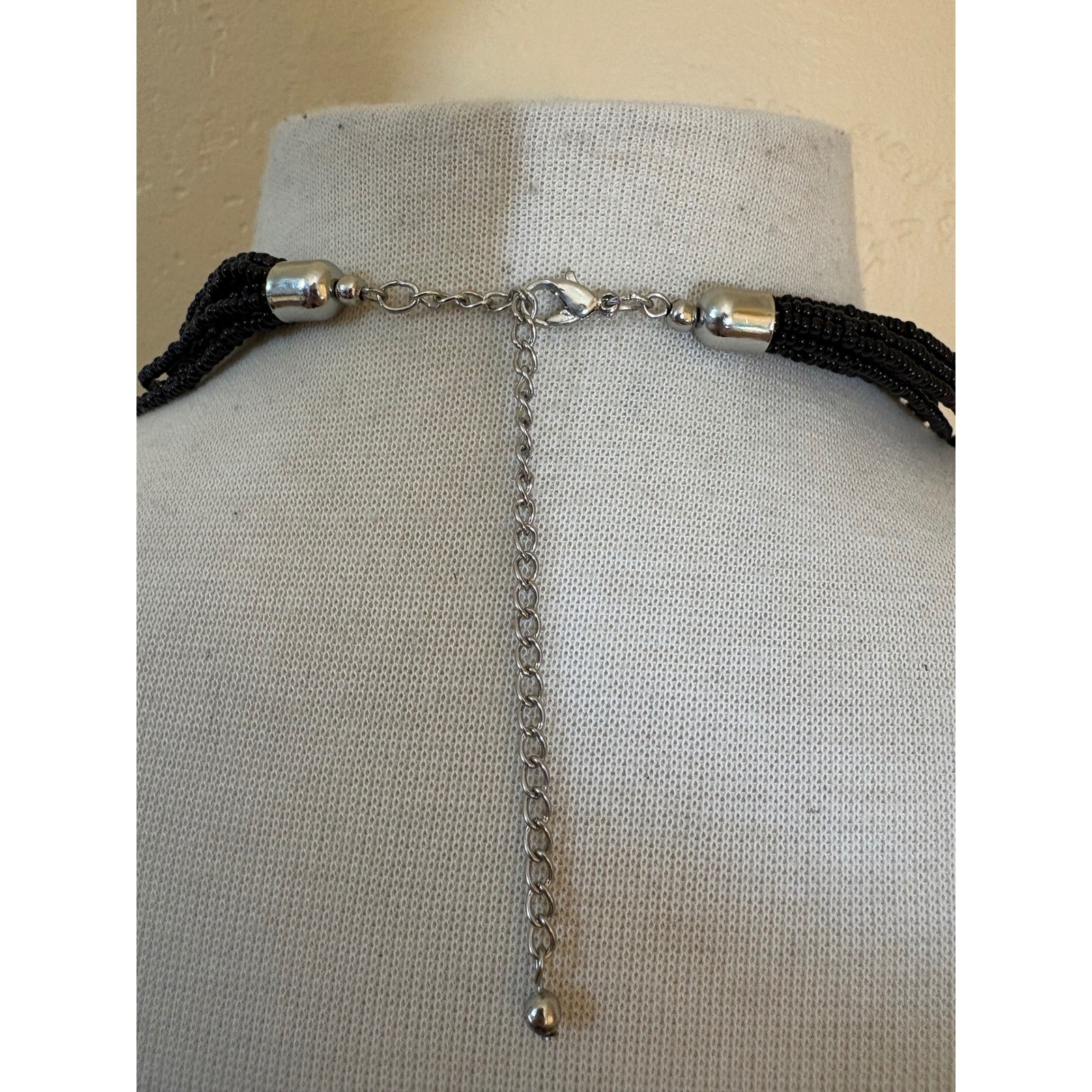 Southwestern Multi Strand Seed Bead Bib Necklace Red Black Turquoise Silver Tone