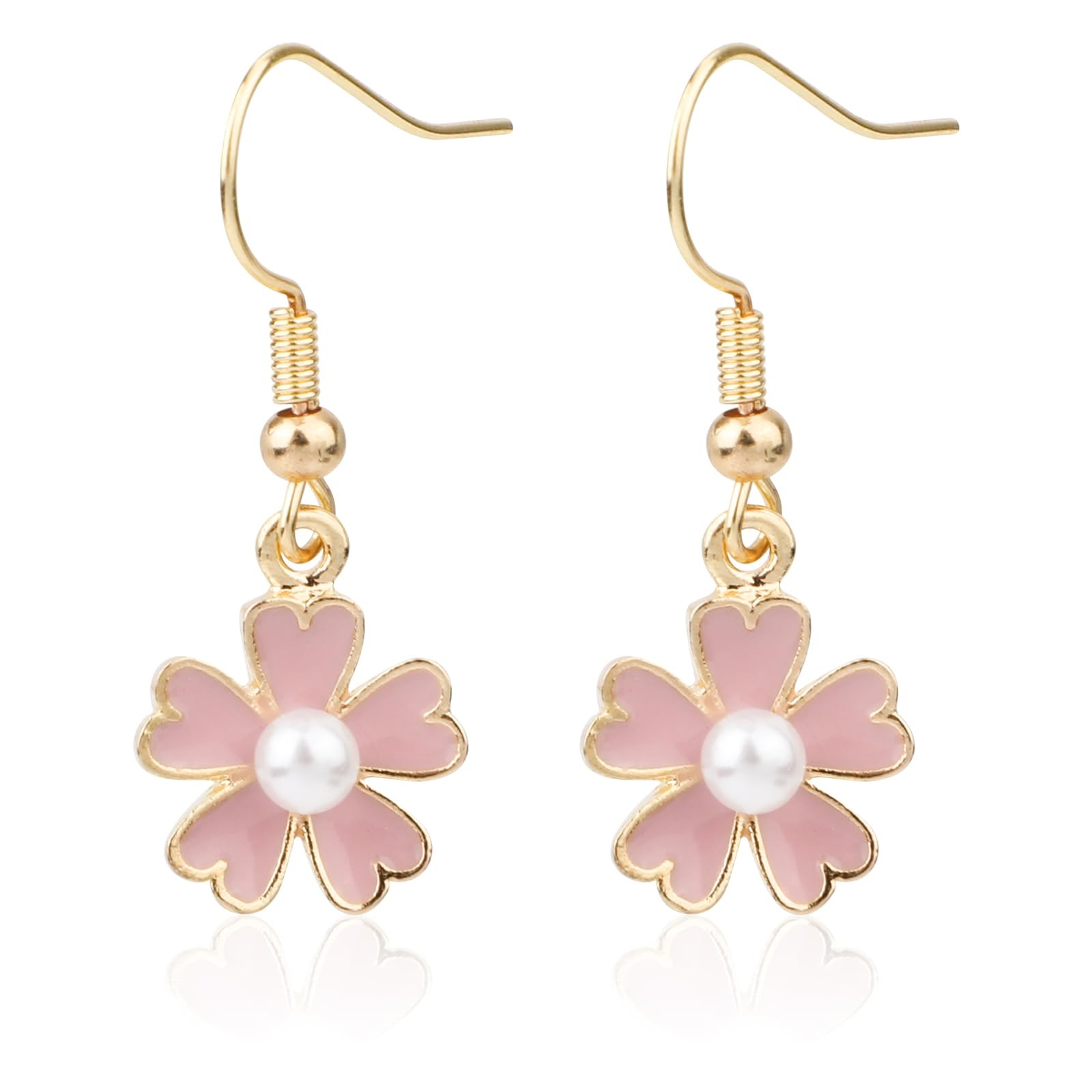 Mikovivi Gold Pink White Flower Pearl Dangle Earrings, Sakura Medium