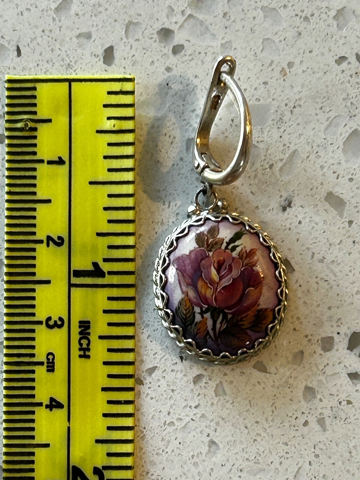 Pink Rose earrings ring pendant set Russian Finift hand painted jewelry