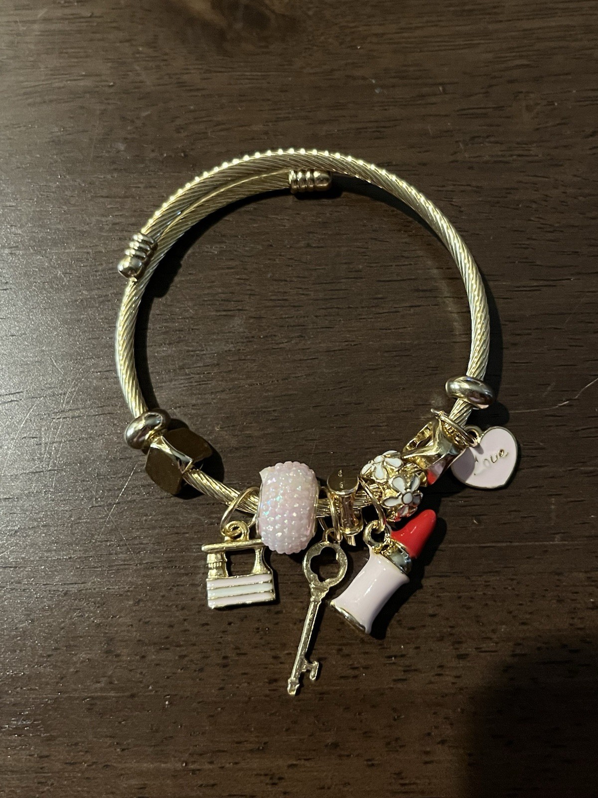 Gold-Tone Charm Bangle Bracelet w/ Heart Love Key & Beauty Dangle Charms