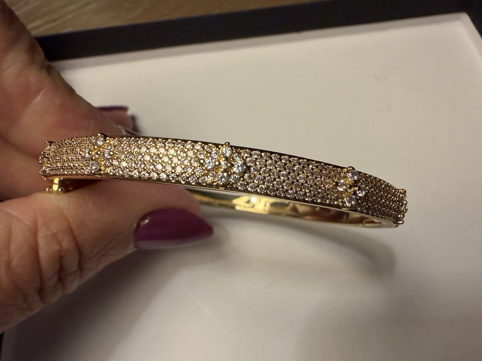 Gold Tone Pavé Crystal Hinged Bangle Bracelet w/ Round White Crystals, Stackable