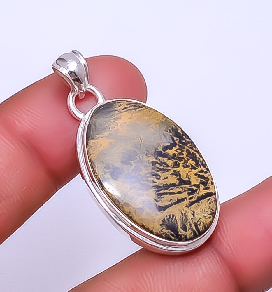 Honey Dendritic Opal – Mexico 925 Sterling Silver Pendant 1.64″ P51 Gift for her