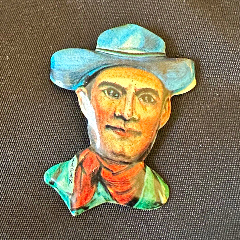 Vintage Tin Cowboy Western Portrait Pin Brooch, Multicolor, Japan, 2 in