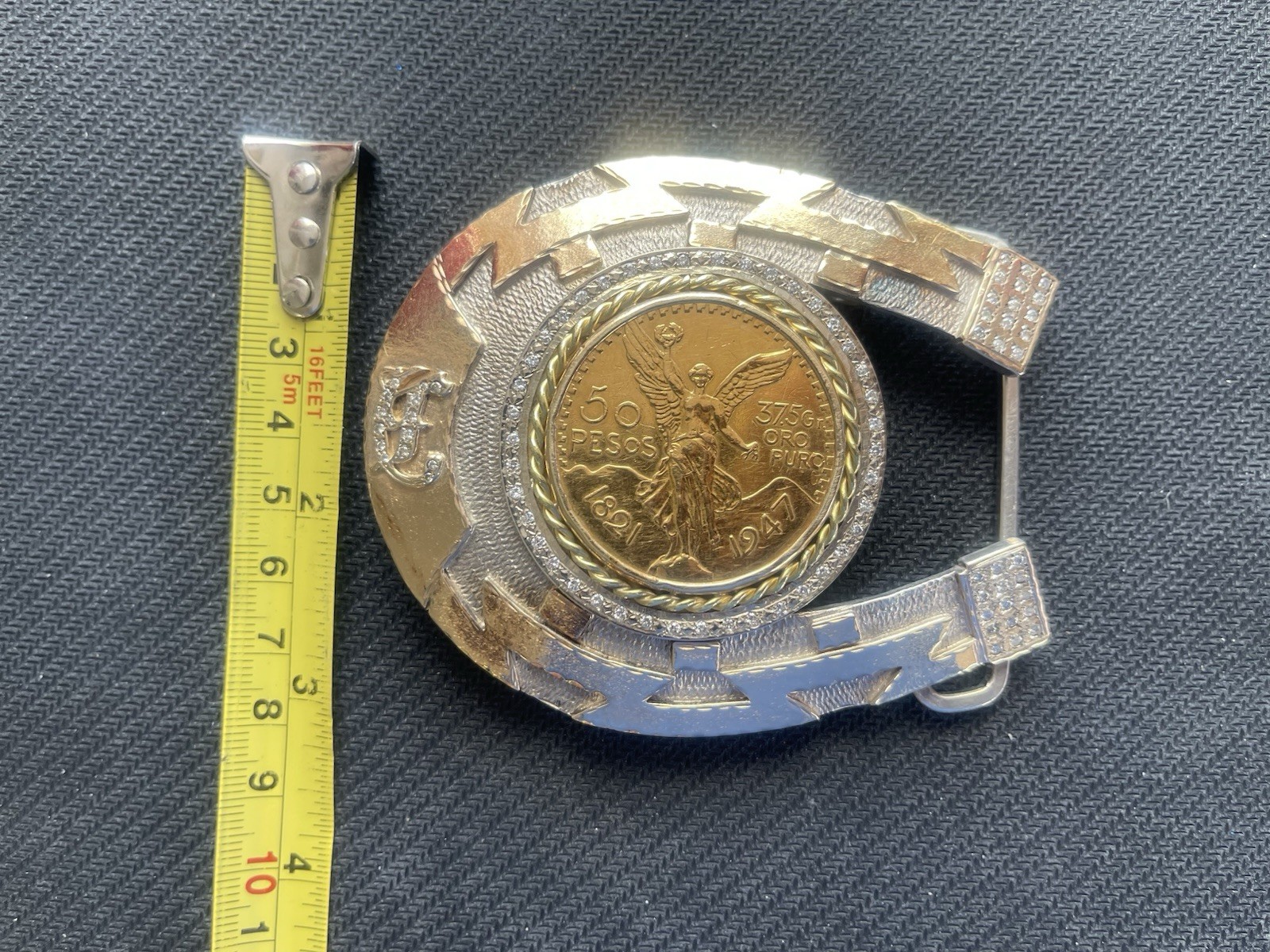 Heavy solid Gold & Silver Buckle made with a 1947 Mexican Centenaro 50 Gold coin