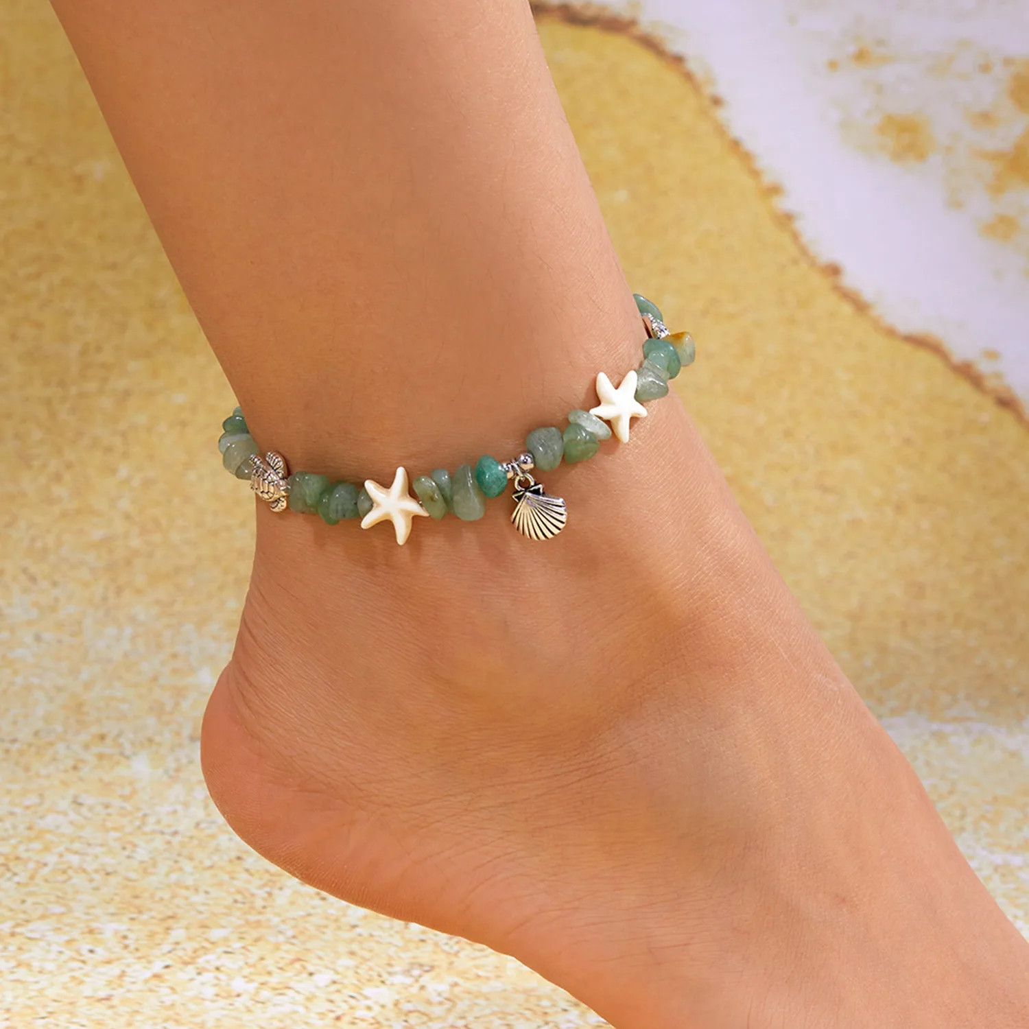 Summer Beach Stone Chain Anklets for Women Boho Turtle Starfish Shell Charm Ankl
