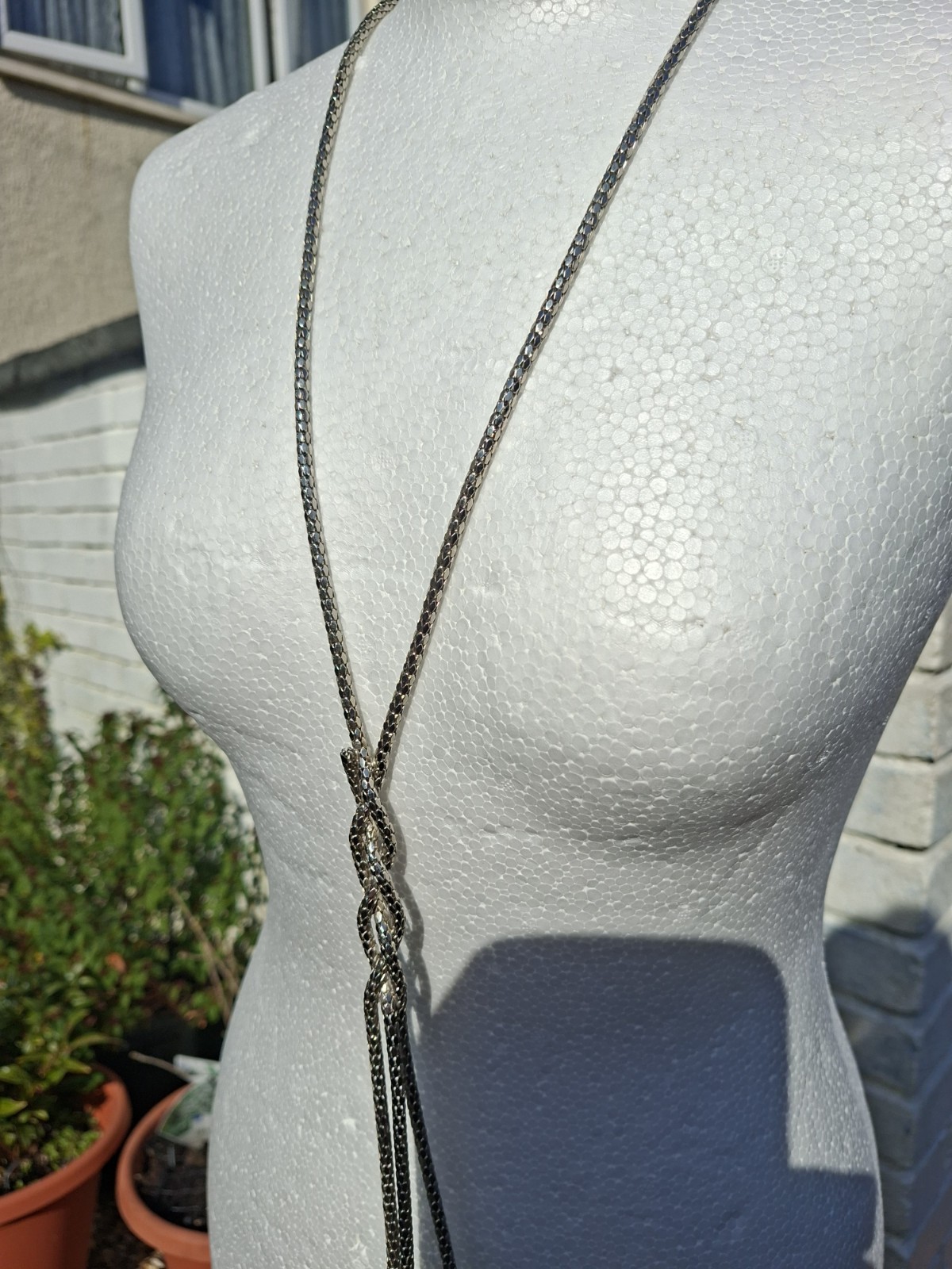 Long Silver Tone Tube Link Necklace Minimalist Boho Lightweight Statement 36cm