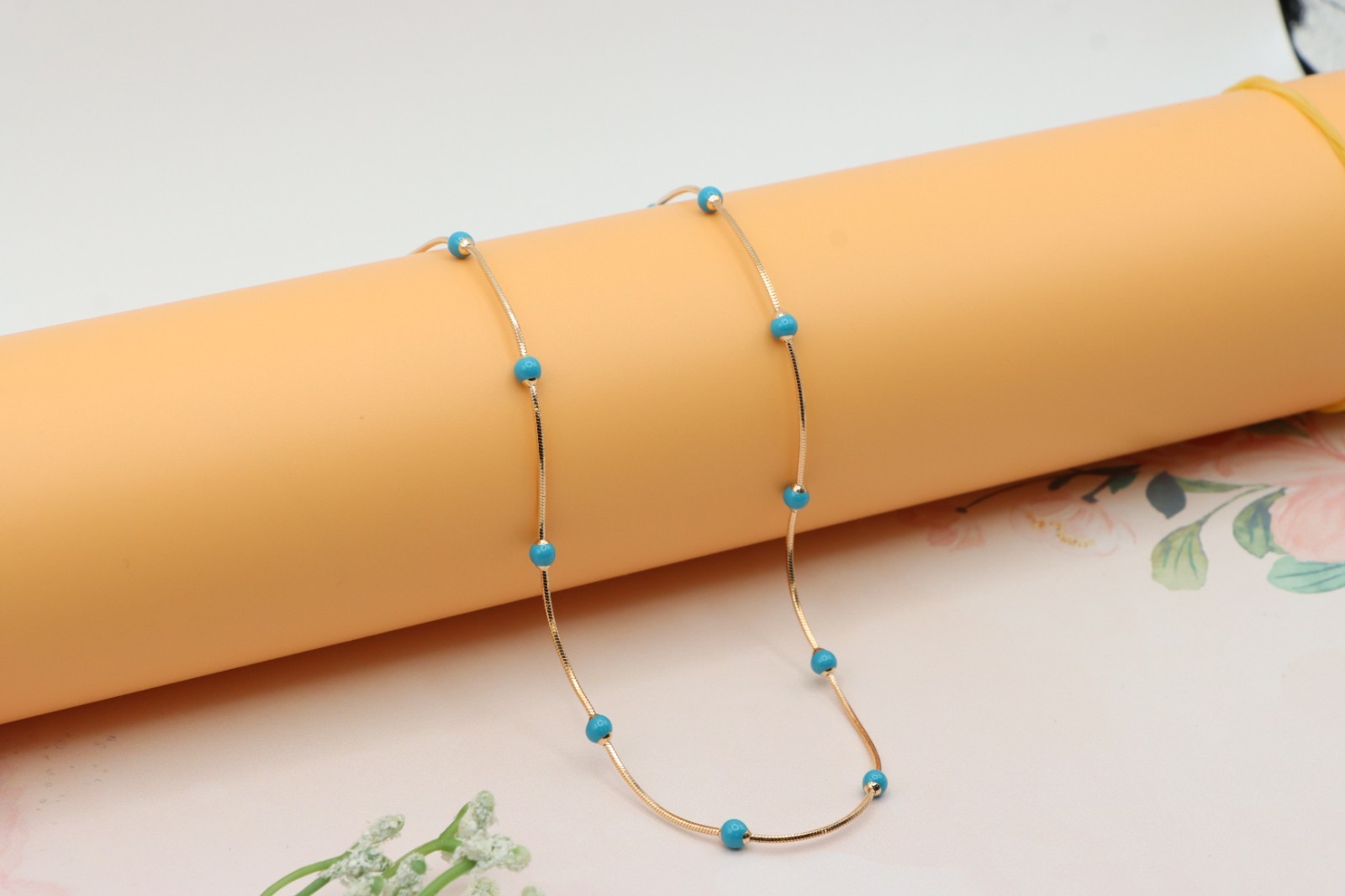 Rose Gold Chain Necklace with Blue Beads Elegant Style, XPNL0256