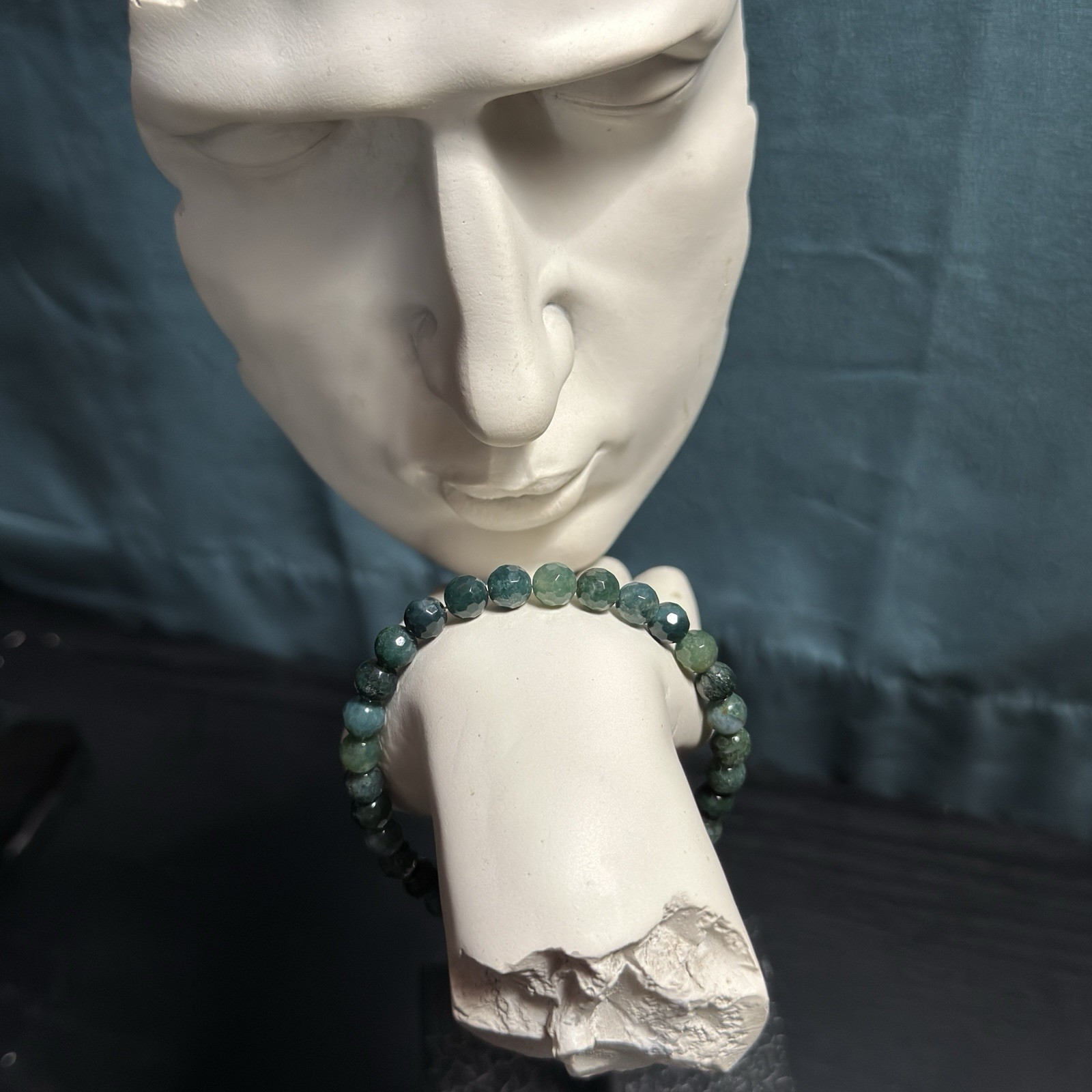 Moss Agate Natural Gemstone Bead Bracelet | Faceted Round 6mm