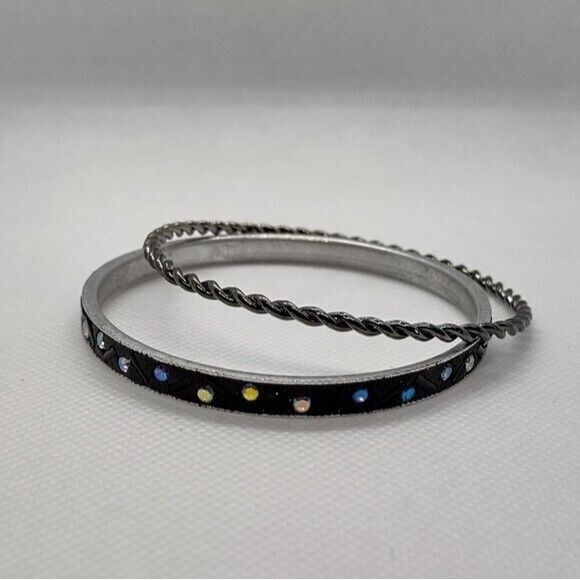 𝅺Sequin & Twirled Metal Bangle Bracelets 2 Set Black Goth Grunge Stacked 2.5″
